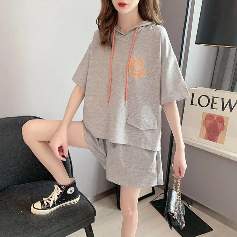 

Спортивные шорты, футболка с коротким рукавом, комплект из 2 предметов, женская одежда, летняя спортивная одежда, костюм, свободный корейский стиль, новые одинаковые комплекты