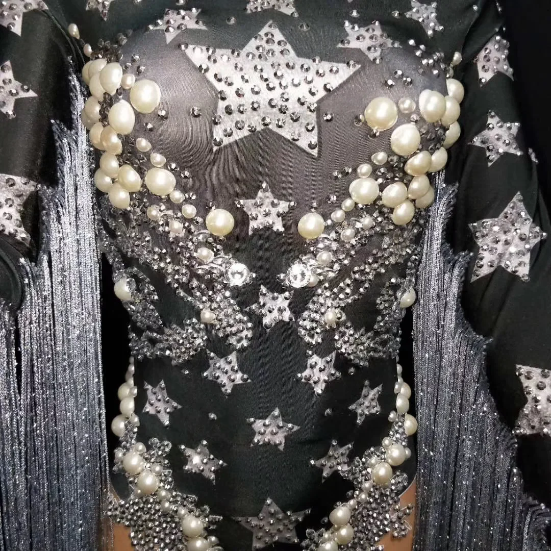 Frauen Glänzende Quaste Perlen Nachtclub Bar Prom Strass Bodys Dance Bühne Königin Kostüm