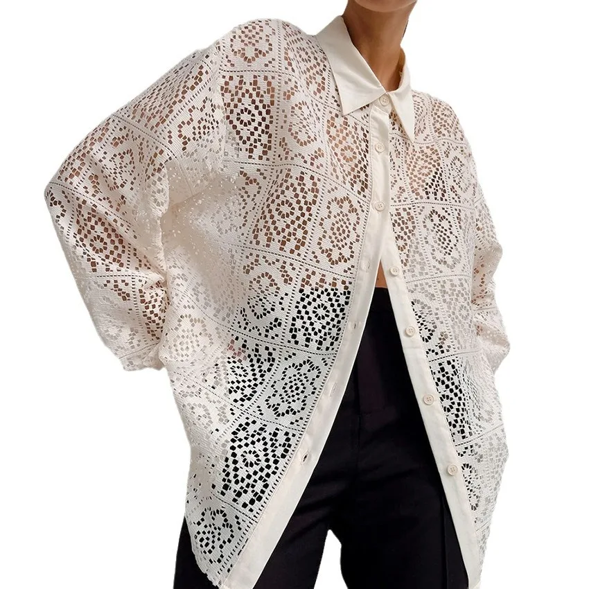 세련된 복고풍 레이스 중공 셔츠, 긴팔 통근 여성 캐주얼 셔츠, 유럽과 미국 스타일