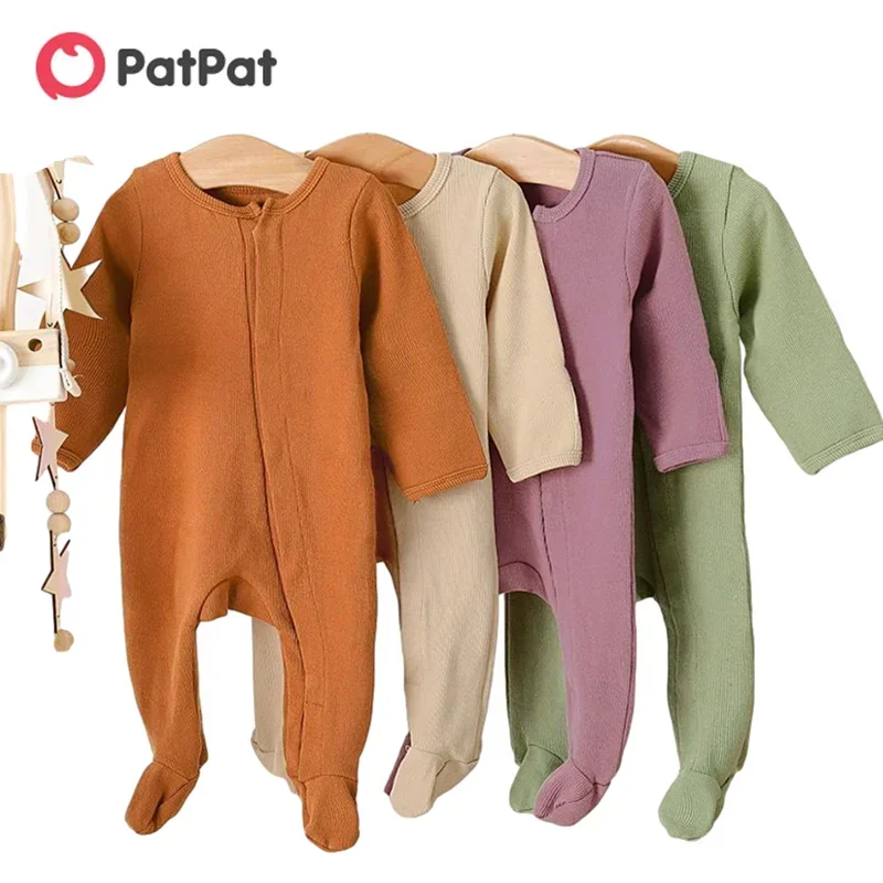 PatPat New Spring and Autumn Baby Boy  Girl Solid Footed Long-sleeve Jumpsuit One Pieces Baby Clothes Basic Style