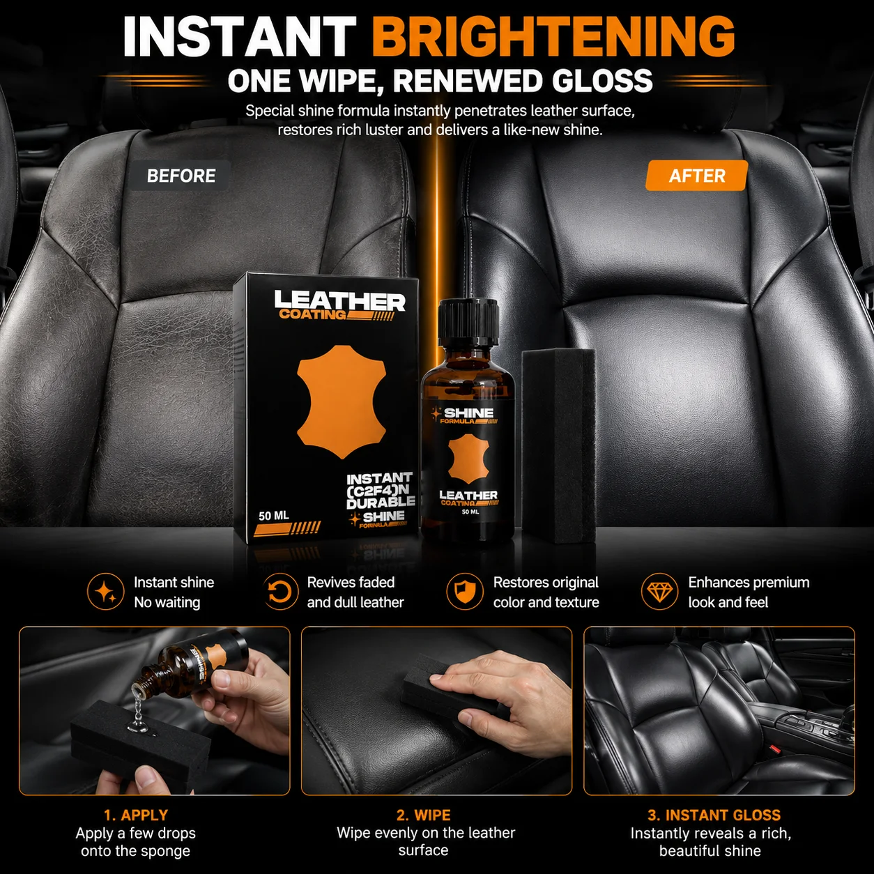 50ML Car Leather Coating, Long‑Lasting Water‑Repellent Anti‑Stain UV Protector for Seats & Steering Wheel