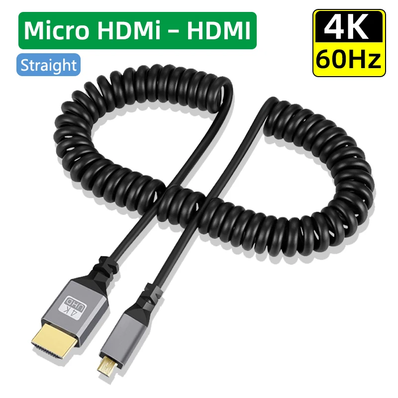 4K@60HZ 0.5-2.0M Micro mini HDMI-Compatible TO HDMI Minihdmi Microhdmi Coiled Extension Flexible Spiral Cable Male to Male Plug