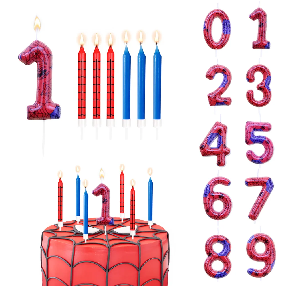 7Pcs Spider Birthday Candles Set,Red Blue Cake Numeral Candles,Number 0-9 Glitter Cake Topper Decoration for Party