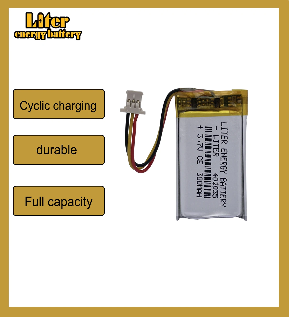 Batterie au lithium aste en polymère, enregistreur de voiture DVR, haute température, films, Po, connecteur 3 broches, 1.0mm, 402035 mAh, 300 V, 3.7