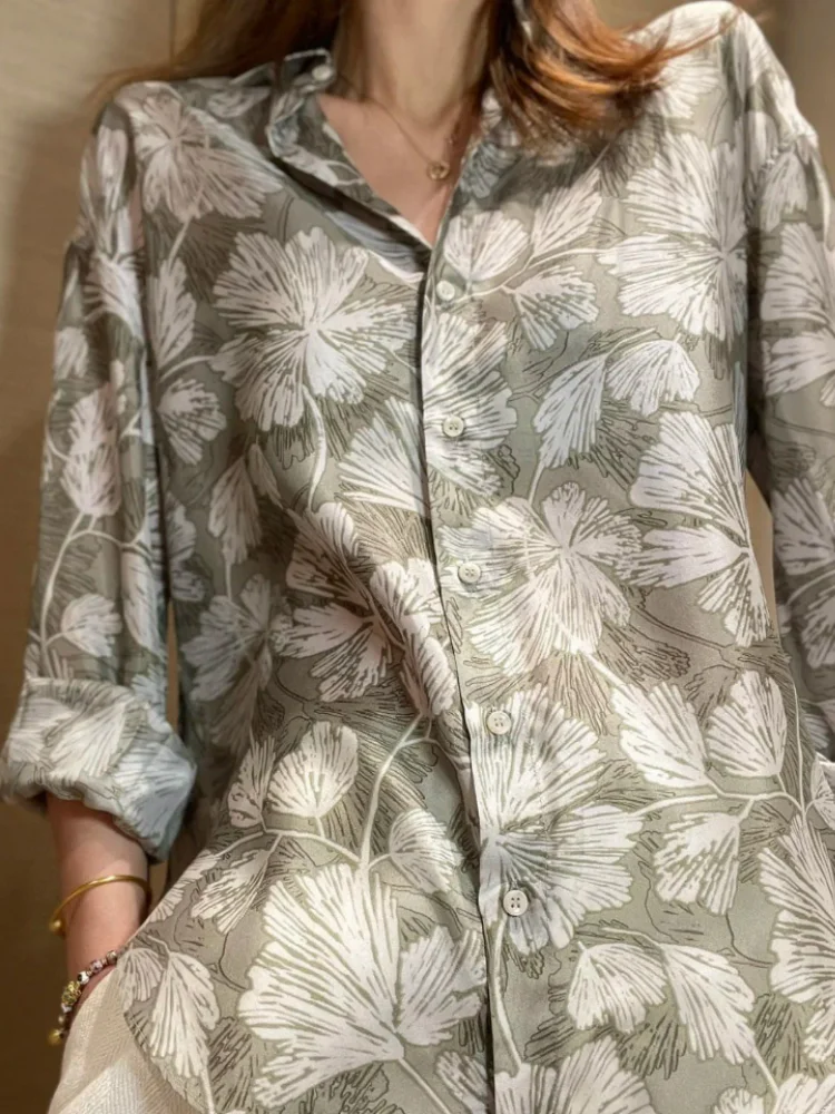 

Women 2024 Early Autumn Retro Ginkgo Leaf Printed Sand Washed Silk Shirt