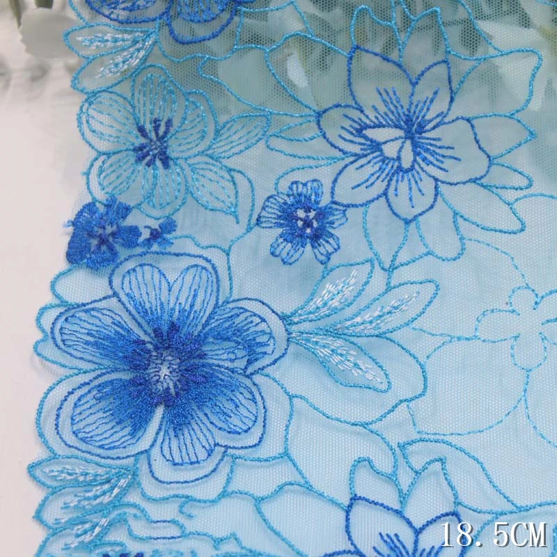 2meters Blue Embroidered Lace Trim Flower Embroidery Lace For Skirt\'s Hemline 18.5cm Wide