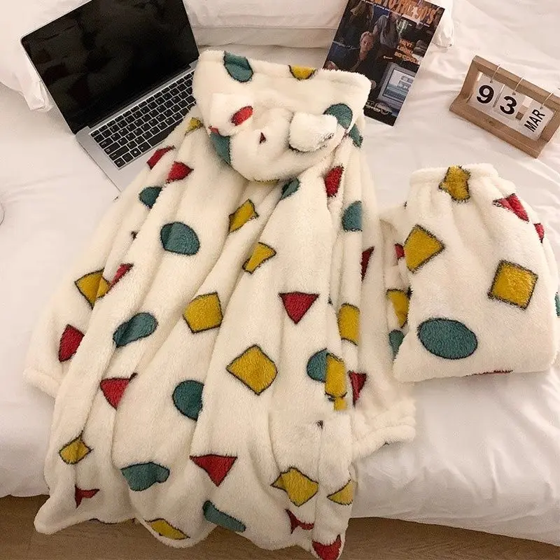 Anime Crayon Shin-Chan Pajamas Autumn/winter Hooded Coral Fleece Nightgown Men's/women's Couple Warm Robe Bathrobe Home Suit Set