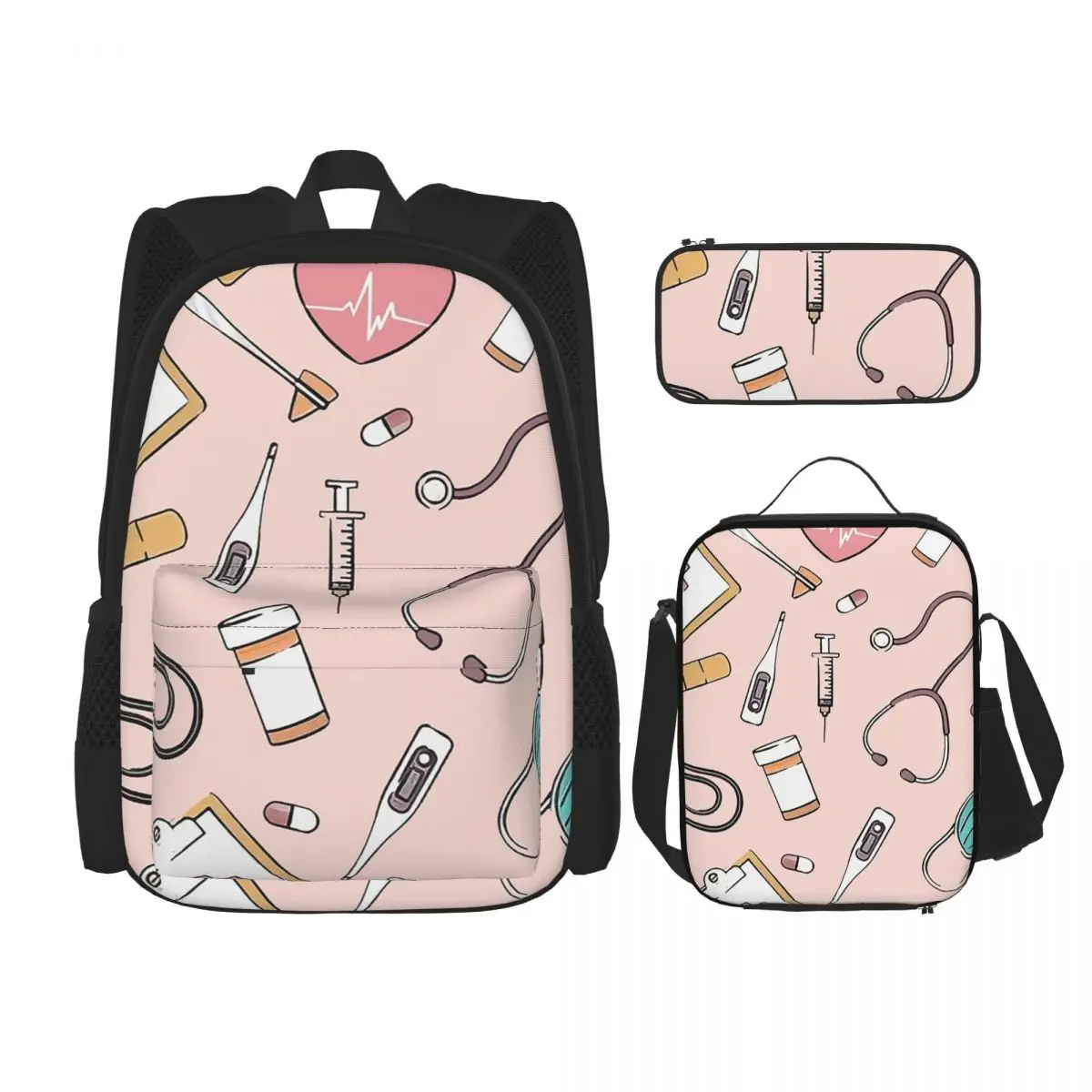 

Nurse Fabric Pink Nursing Pattern Nurse Backpacks Boys Girls Bookbag School Bags Rucksack Lunch Bag Pen Bag Three-Piece Set