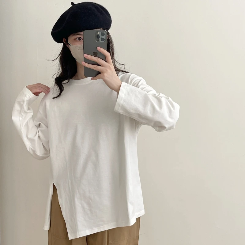 

Свободная женская футболка с длинным рукавом, с боковыми разрезами, из хлопка, для повседневной носки, с круглым вырезом, удобная, модная, стильная.