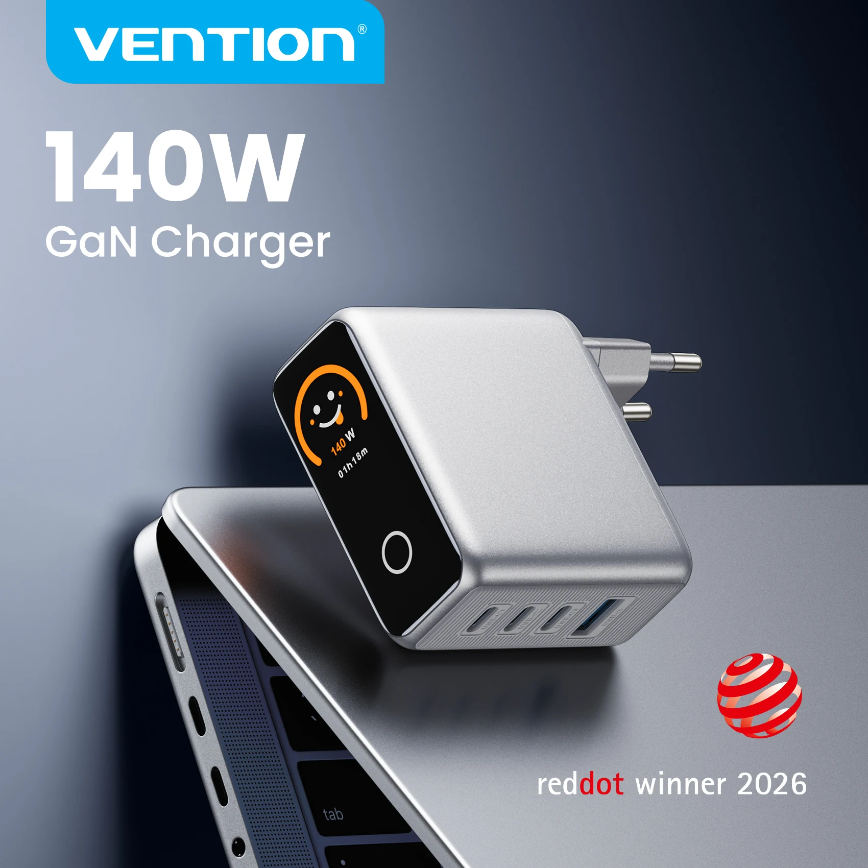 Chargeur GaN Vention 140W avec écran intelligent, chargeur USB C pour iPhone 16 15 14 Xiaomi Samsung Galaxy Ordinateur portable Téléphone