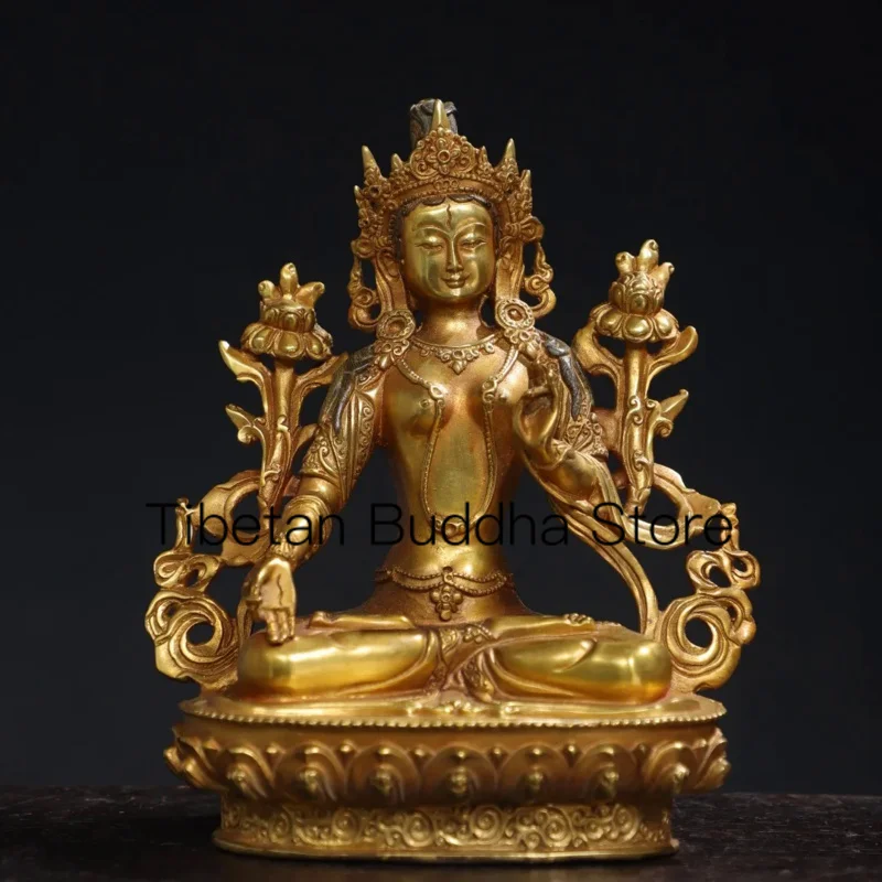 

21cm Tibetan Brass Buddha Gilded White Tara Guanyin Tara Sitting Statue Home Buddhist Hall Supplies