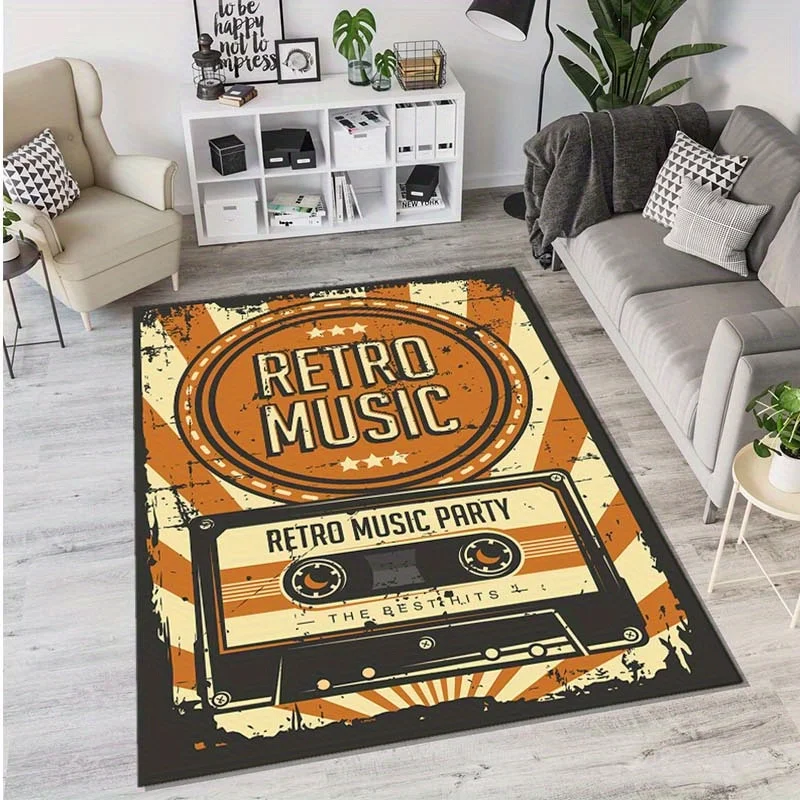 Cassette Tape Retro Music Area Rug – Anti-Slip Polyester Floor Mat for Bedroom, Living Room, Kitchen, Office – Durable