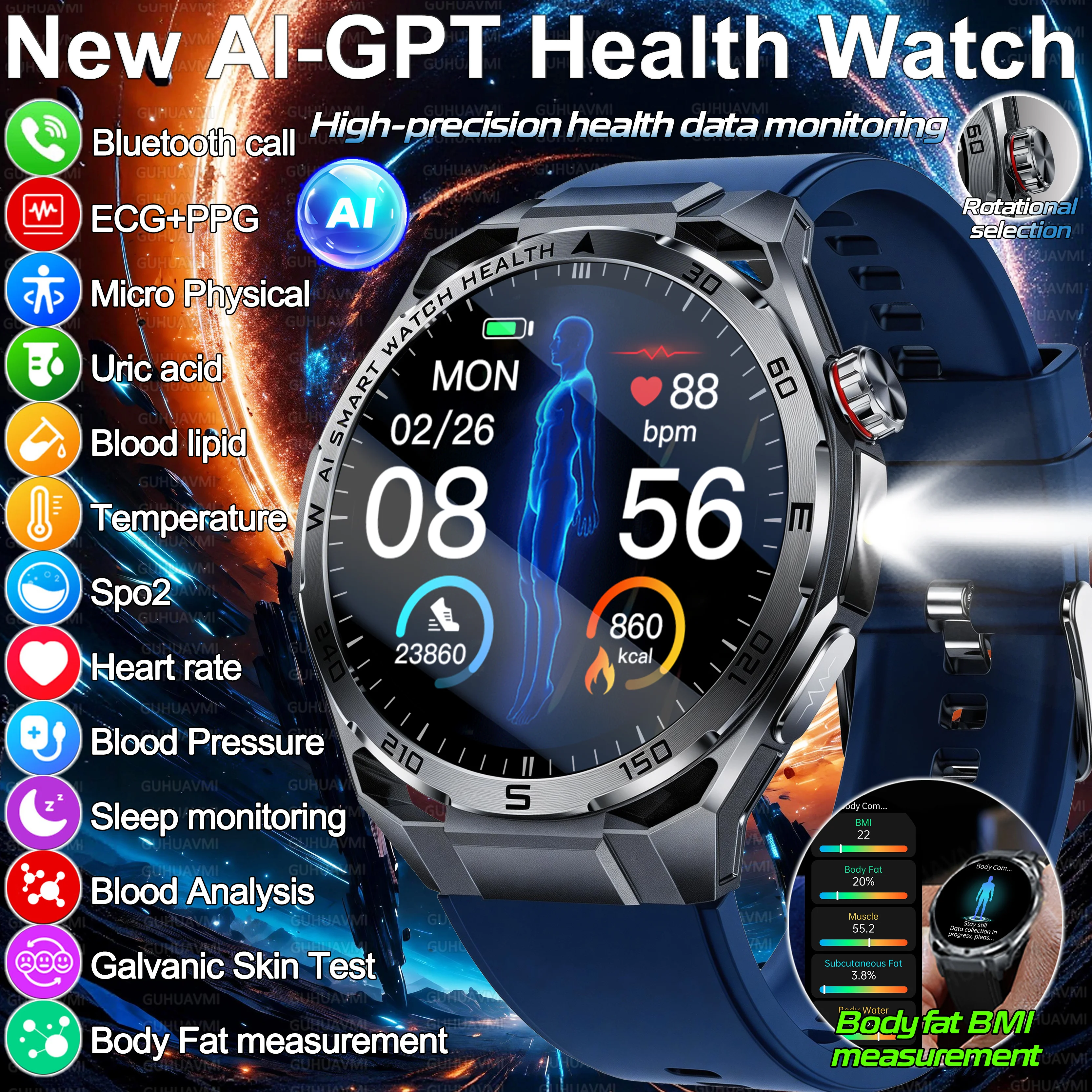 

Новые умные часы AI-GPT с мониторингом здоровья: ЭКГ+PPG, измерение уровня мочевой кислоты, липидов в крови, SpO2, артериального давления, жировых отложений, функция звонков, для мужчин и женщин
