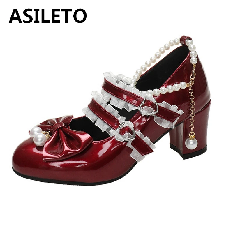 

ASILETO New Girls Pumps Round Toe Block Heels 5.5cm Buckle Strap Lace Pearls Bow Big Size 42 43 Sweet Lolita Style Shoes 28 29