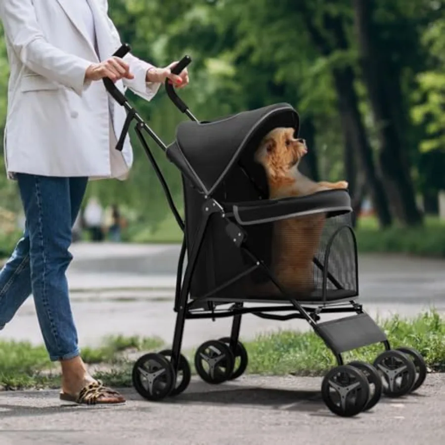 

Pet Stroller for Small Dogs Cats, 10-22lbs, Rear Storage Outdoor Use, Polyester Fabric, Navy Blue, Foldable Lightweight