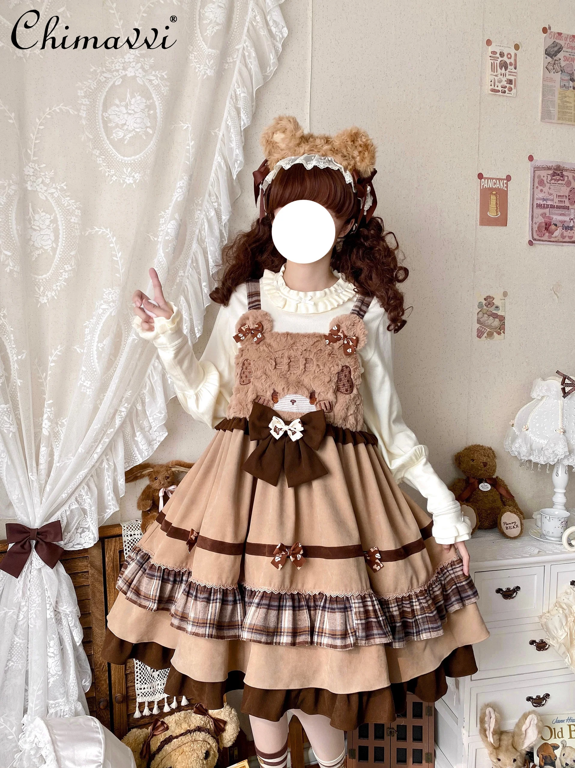 Autumn and Winter Lolita Polished Cute Strap Bow Jsk Dresses Cute Student Girl Kawaii Loose Elegant Y2k Short Dress Women image 2