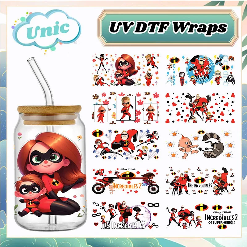 3D Disney The Incredibles UV DTF Cup Wrap Stickers 16oz Bottle Wrap Tumbler Stickers Decal Glass Can Self-adhesive Waterproof