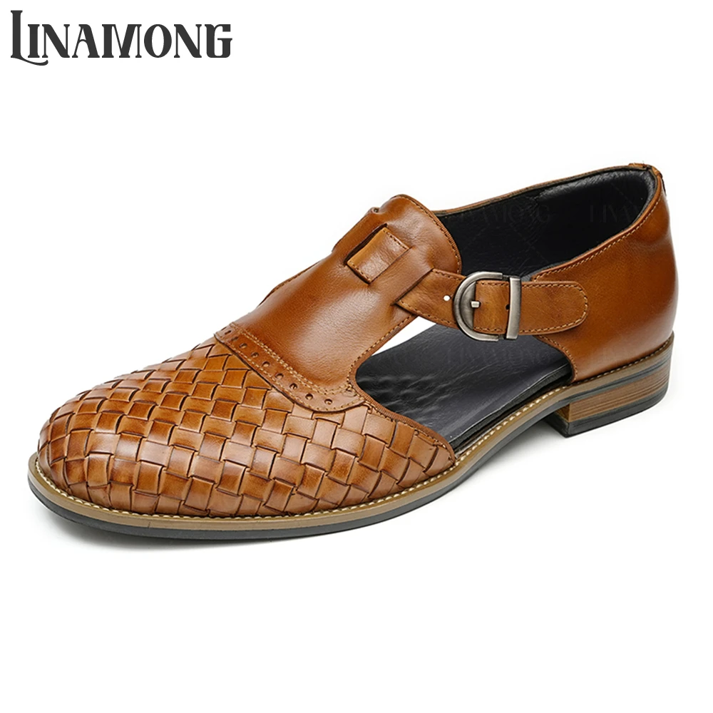 

Genuine Woven Leather Sandals for Men Closed Toe Cowhide Leather Vintage Summer Shoes Buckled Breathable Sandals Business Shoes