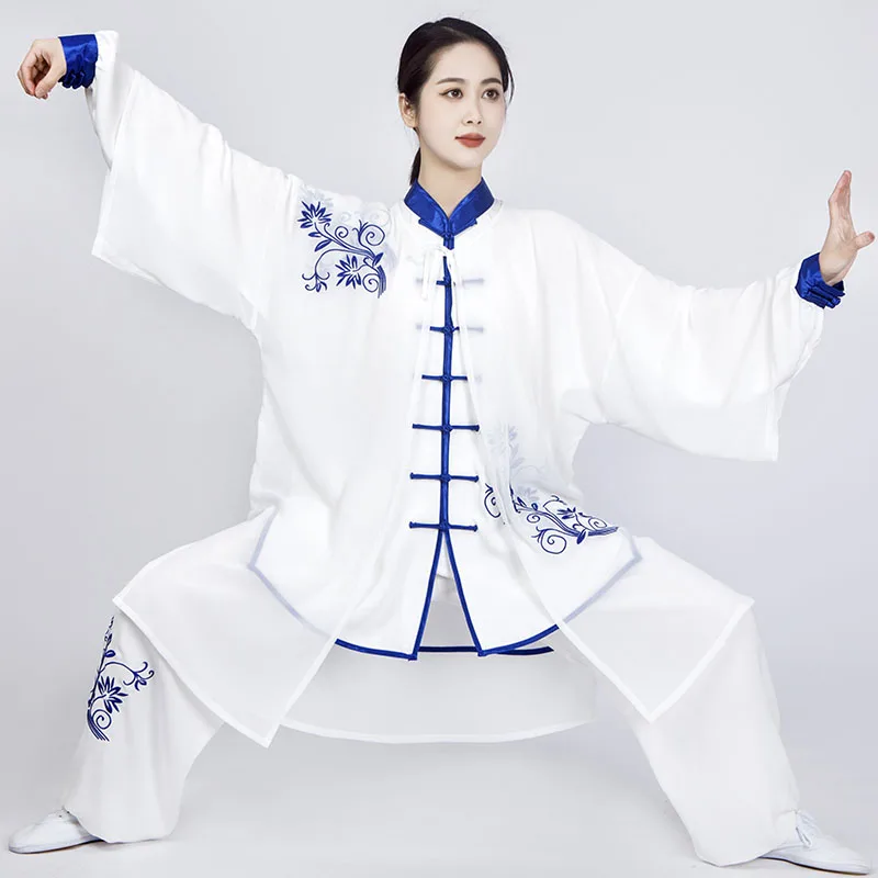 Spring Summer Taichi Qigong Outfit - Blue-Porcelain Embroidery Martial Arts Morning Training Performance Unisex