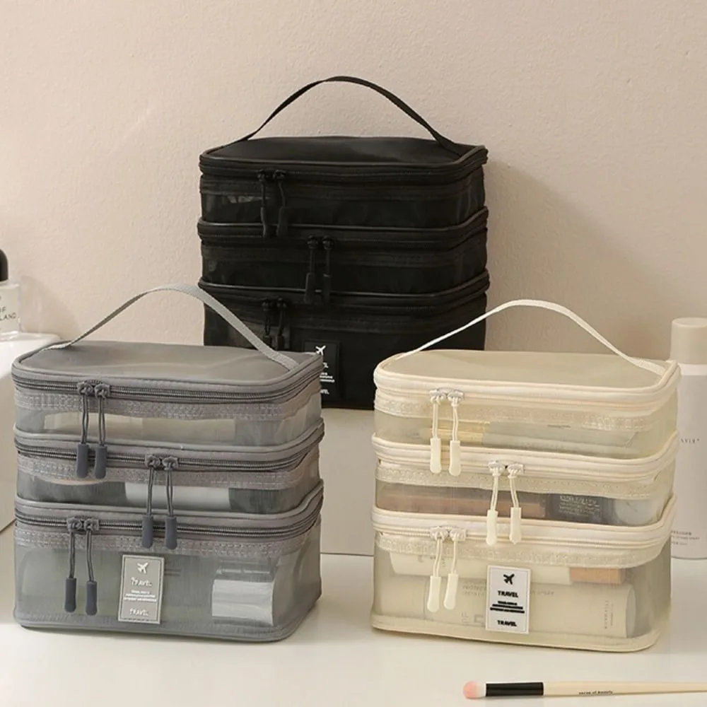 Zipper Mesh Cosmetic Bags Transparent 1/2/3 Layers Double-layer Storage Bag Multifunctional Wash Pouch Perspective Makeup Bag