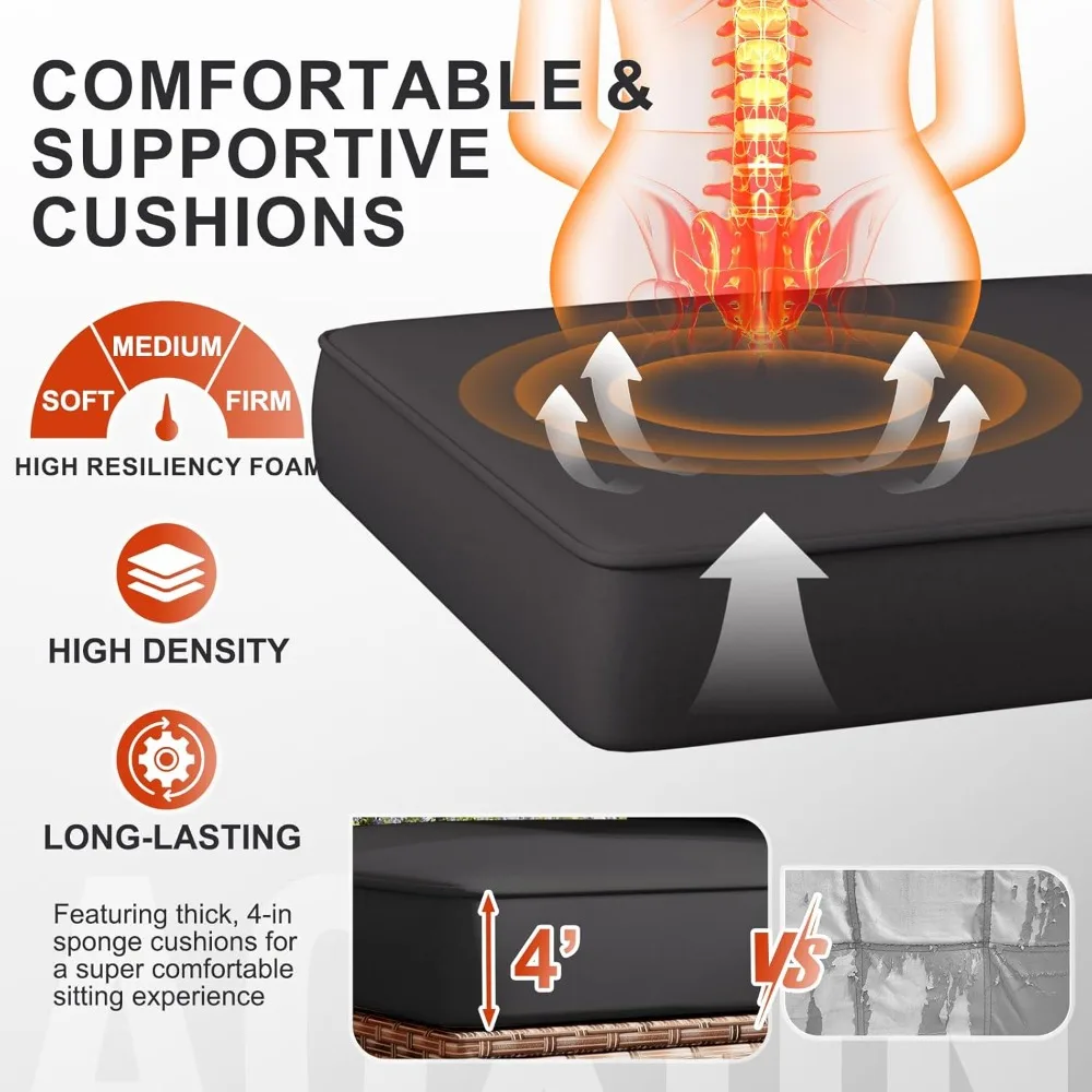 طقم أثاث فناء خارجي مكون من 7 قطع مع وسائد قطيفة - أريكة مقطعية للمحادثة من الخوص #4