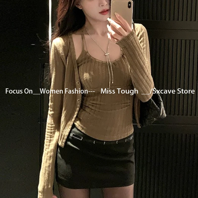 Autumn Knitted Suits Casual Cardigan Coats + Sexy Sweater Vest Office Lady 2 Piece Sets Korean Fashion Clothing 2000s Vintage