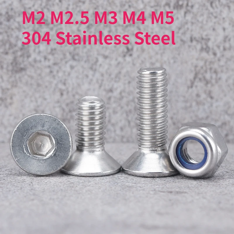 M2 M2.5 M3 M4 M5 304 Stainless Steel Hexagon Hex Socket Head Flat Countersunk Allen Bolt Screw and Nylon Insert Lock Nut Set