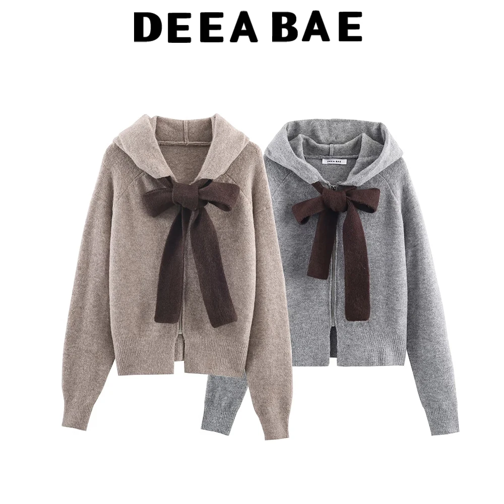 

DEEABAE Grey bow college style hooded knitted sweater sweatshirt cardigan jacket autumn and winter lazy style for women