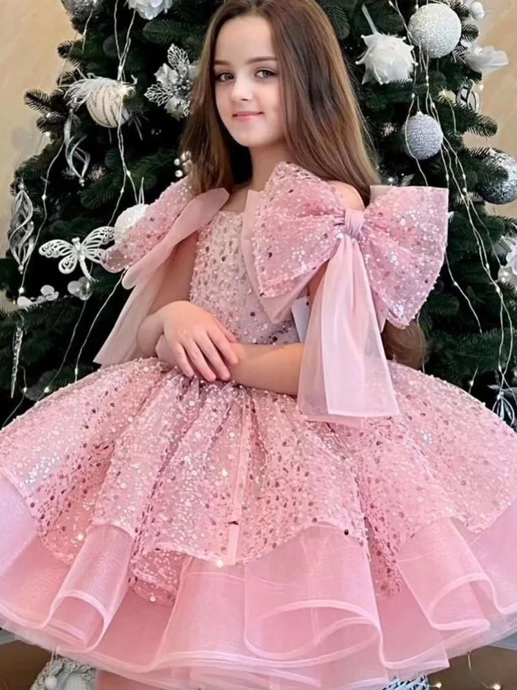 Girl's sequin bow princess skirt 2024 new fashionable and luxurious mesh fluffy skirt carnival runway performance clothing