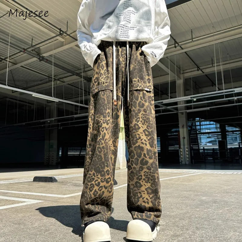 

Leopard Men Jeans Hip Hop Drawstring Full-length Dancing Cargo Style American Retro Spring Creativity New Teenagers High Street