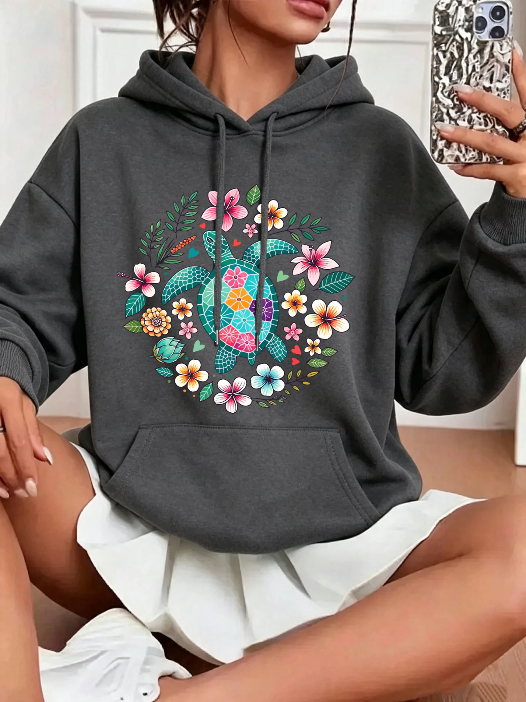Sea Turtle Tropical Hibiscus Flowers Prints Women'S Hoodies Autumn Korean Streetwear Loose Casual Pullover Y2K Fleece Hoody