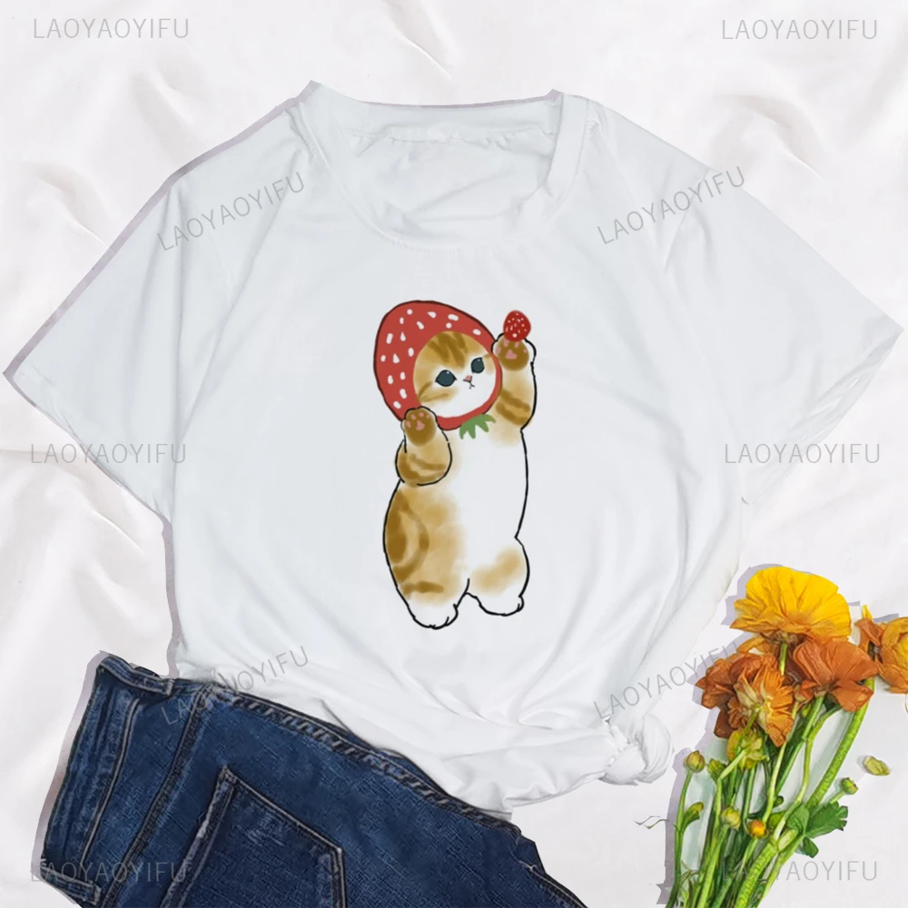 Maak Plezier Van Aardbei Kat Print Vrouwen T-Shirt Grappige Haai Kat Cadeau Esthetiek Grafische Kleding Wit Kawaii Kat Korte Mouw