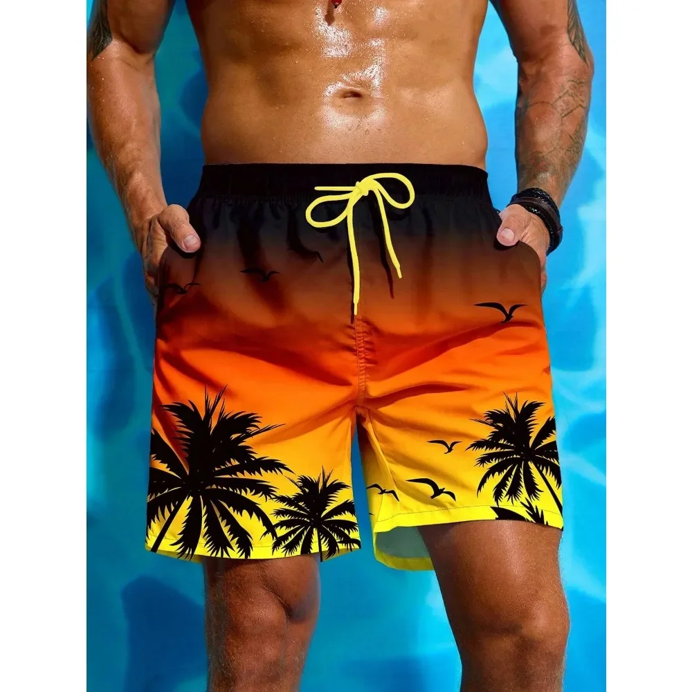 Summer Vacation Men's Palm Tree Print Drawstring Waist Board Shorts Fashion Swim Trunks 3D Print Breathable Short Streetwear