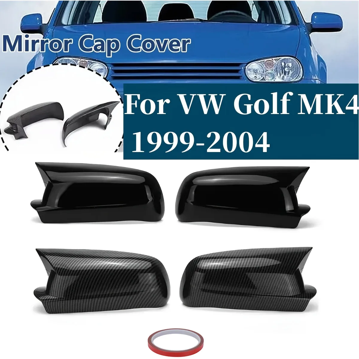 Glänzend schwarze / Carbon-Look-Spiegelkappen für VW Golf 4 MK4 1997-2004, Rückspiegelgehäuseabdeckung, Nachrüstung 3B0857538B