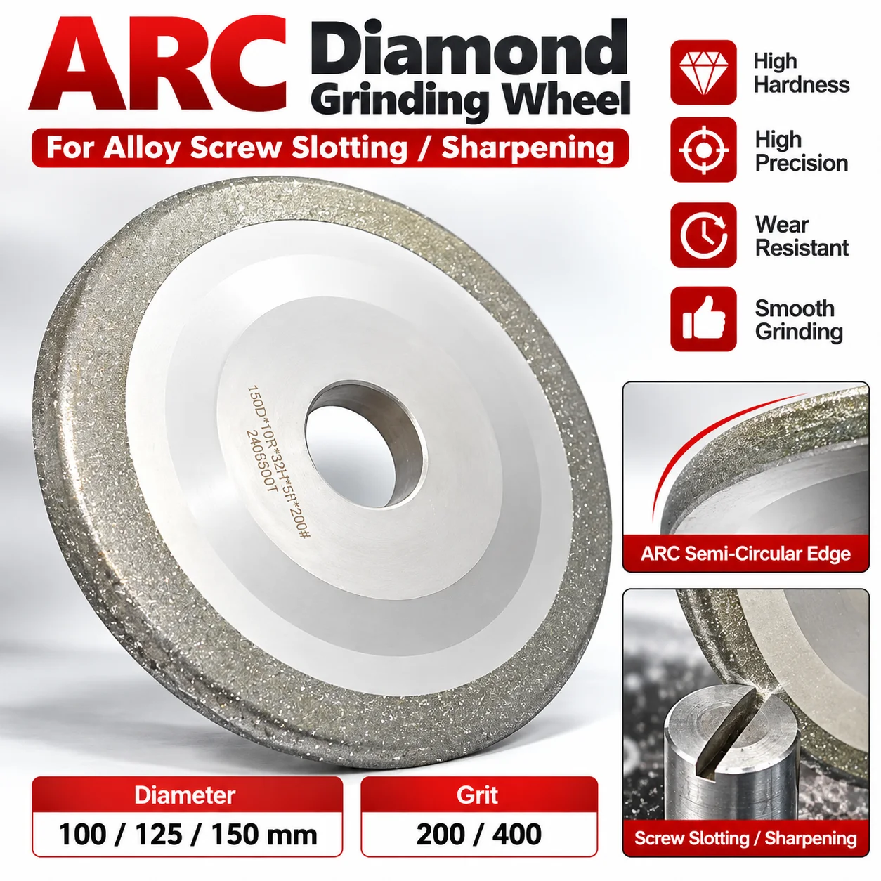 ARC Semi-Circular Grinding Wheel 100mm 125mm 150mm 200 400 Grit Alloy Screw Slotting Sharpening Tool