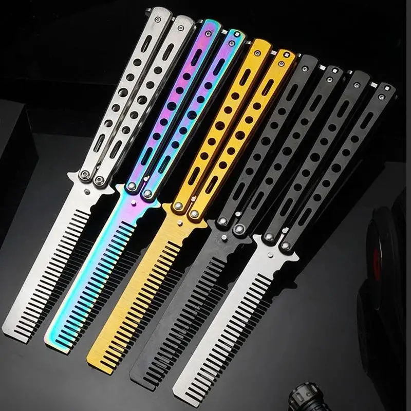 

1Pcs Stainless Steel Practice Training Butterfly Knife Comb Beard Moustache Brush Salon Hairdressing Styling Tool Foldable Comb