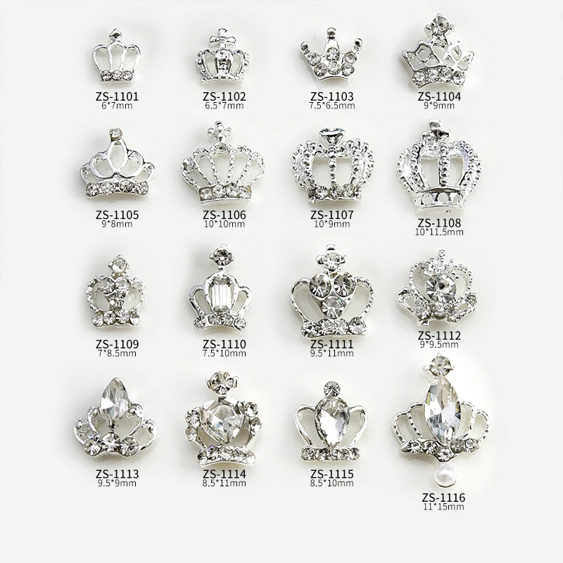 10Pcs Royal Crown Alloy Sliver Accessories Gem Exquisite White Crystal Diamond Inlaid Nail Art Charms Decorations Bulk Supply