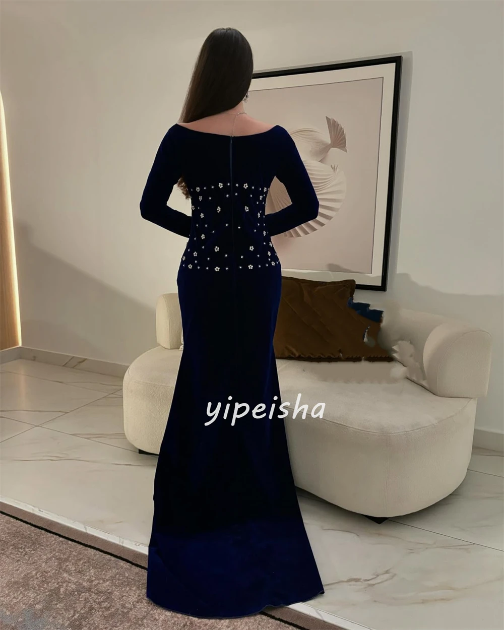 تخصيص كلاسيكي أنيق حجر الراين الطية حورية البحر ساحة الرقبة فساتين طويلة فساتين مناسبة مخصصة الأحجام المتاحة الموضة #4