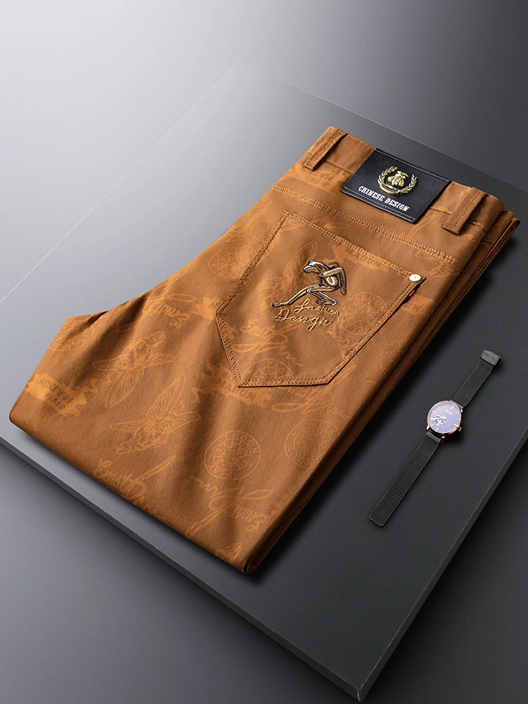 

Orange Printed Casual Pants Men's Slim Straight Embroidered Denim Jeans Spring Autumn Faion Urban Sle Cotton Modal