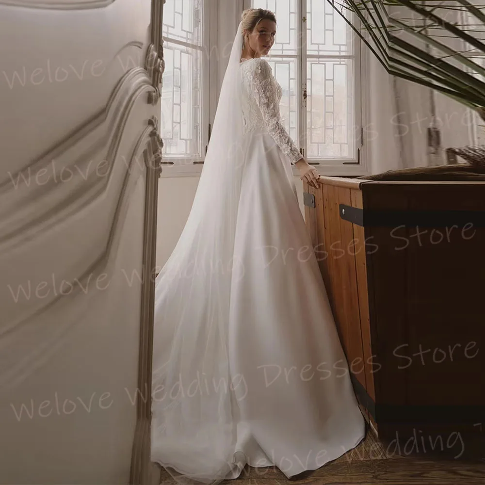 فساتين زفاف نسائية أنيقة على شكل حرف A مزينة بالدانتيل رداء De Mariée مخصص بأكمام طويلة ورقبة دائرية فساتين العروس Vestido De Novia