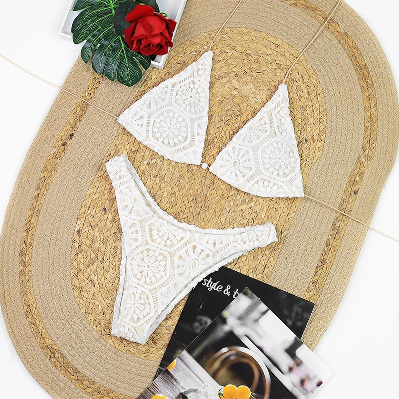 Sexy White Lace 3 Pieces Bikinis 2025 Women Swimsuit Swimwear Long Sarong Cover Up Bikini Set Beachwear Bathing Suit Swimming