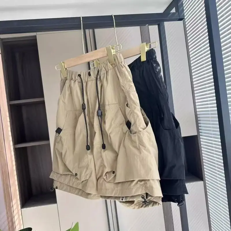 Men Trendy Vintage Streetwear Y2K Sports Straight Short Cargo Pants Summer Casual Solid Oversized Drawstring Pocket Beach Shorts