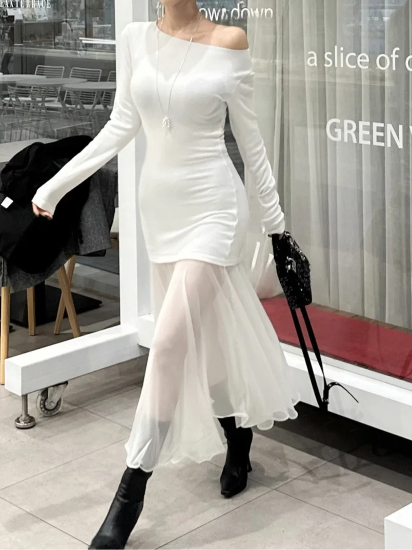 

oulder Bared Pure Desire Sle Long Dr Женская ранняя весна облегающая юбка сетчатое платье Корейская повседневная одежда для различных ...