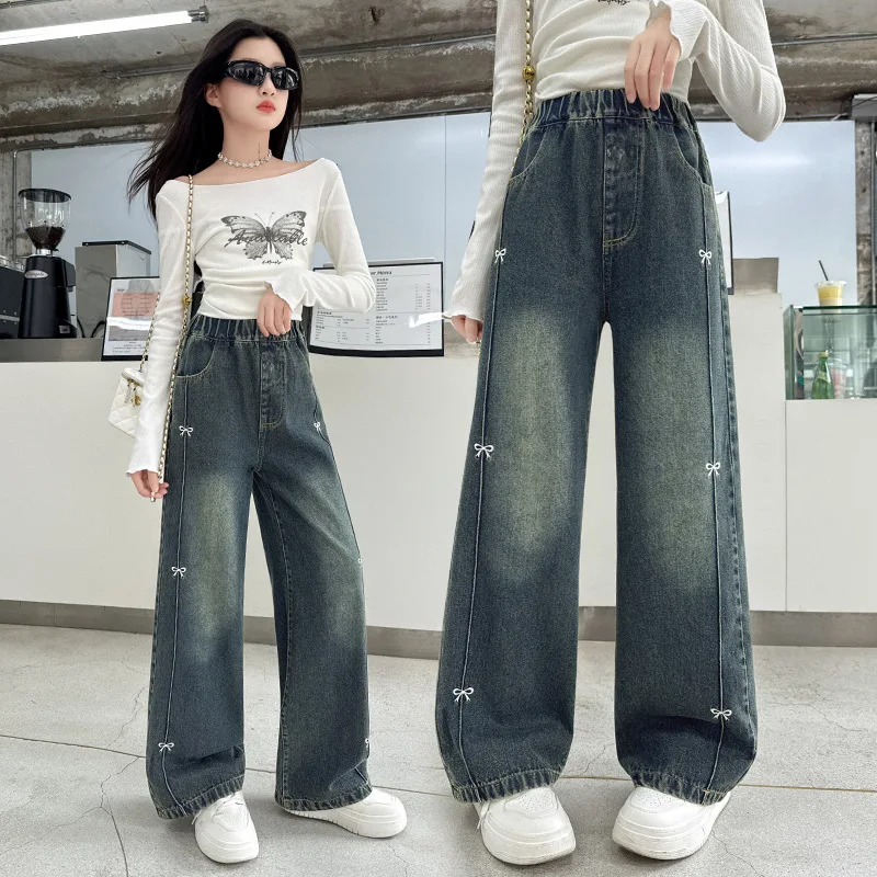 

Girls' Bow Jeans, Side Seam Patchwork Embroidered Denim Wide-leg Pants, 2026 New Arrival, Youth Winter Pants