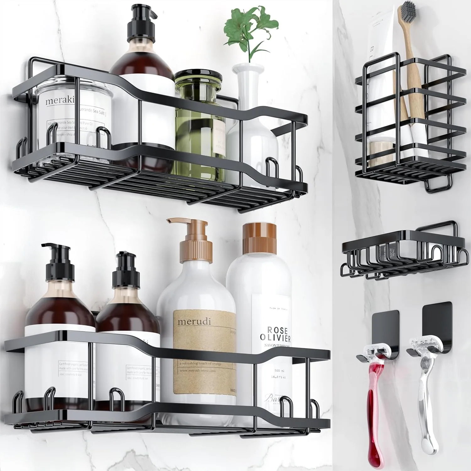 

Shower Caddy Bathroom Shelves 4 Set, 40LB Adhesive Tape No Drill, Rustproof 304 Stainless Steel Shower Organizer for Kitchen &