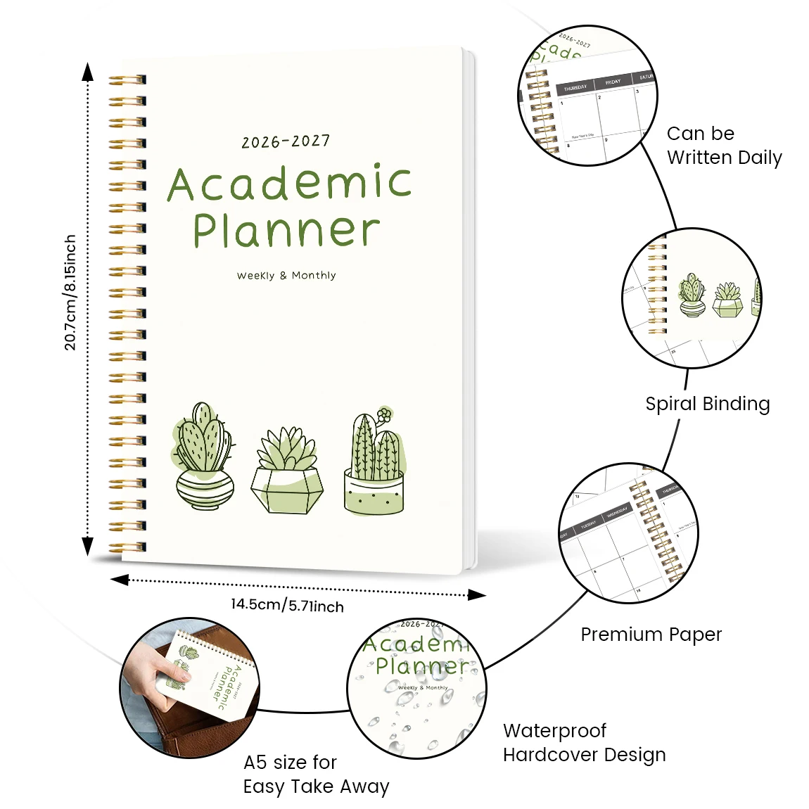 2026-2027 مخطط أسبوعي وشهري A5 – يناير 2026 إلى ديسمبر 2027 منظم حلزوني مع التقويم والملاحظات واللوازم المدرسية والمكتبية