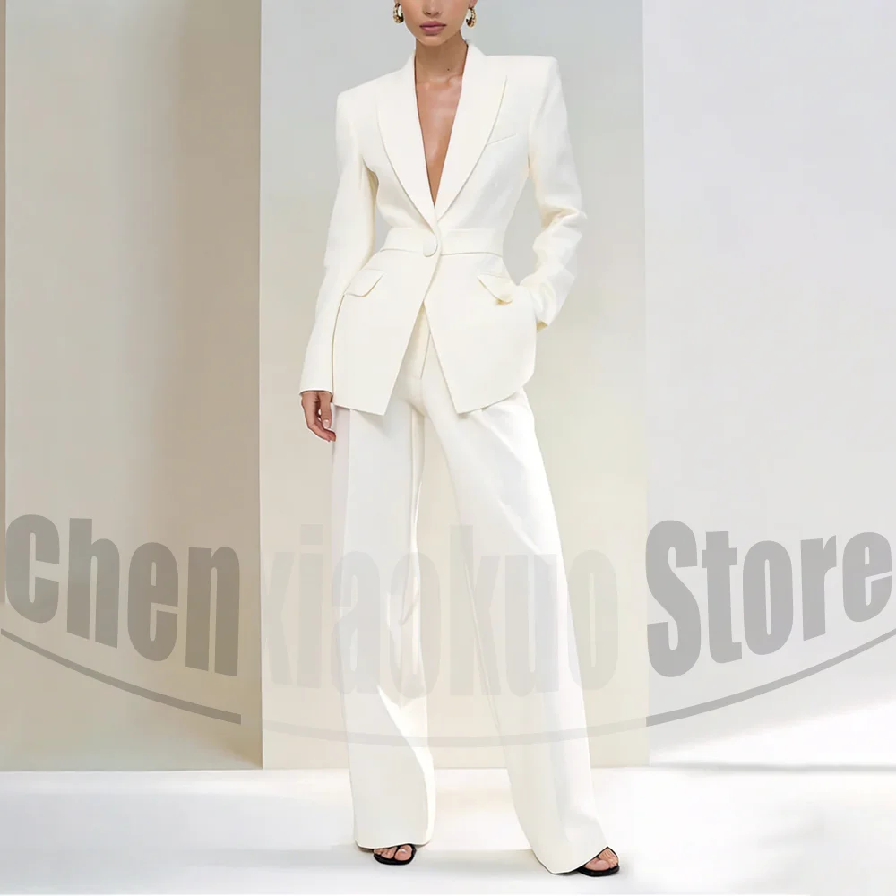 White Women One Button Suit 2 Piece Slim Long Sleeve Blazer Pants Set For Formal Office Business Party Wear Fashion Lady Outfit