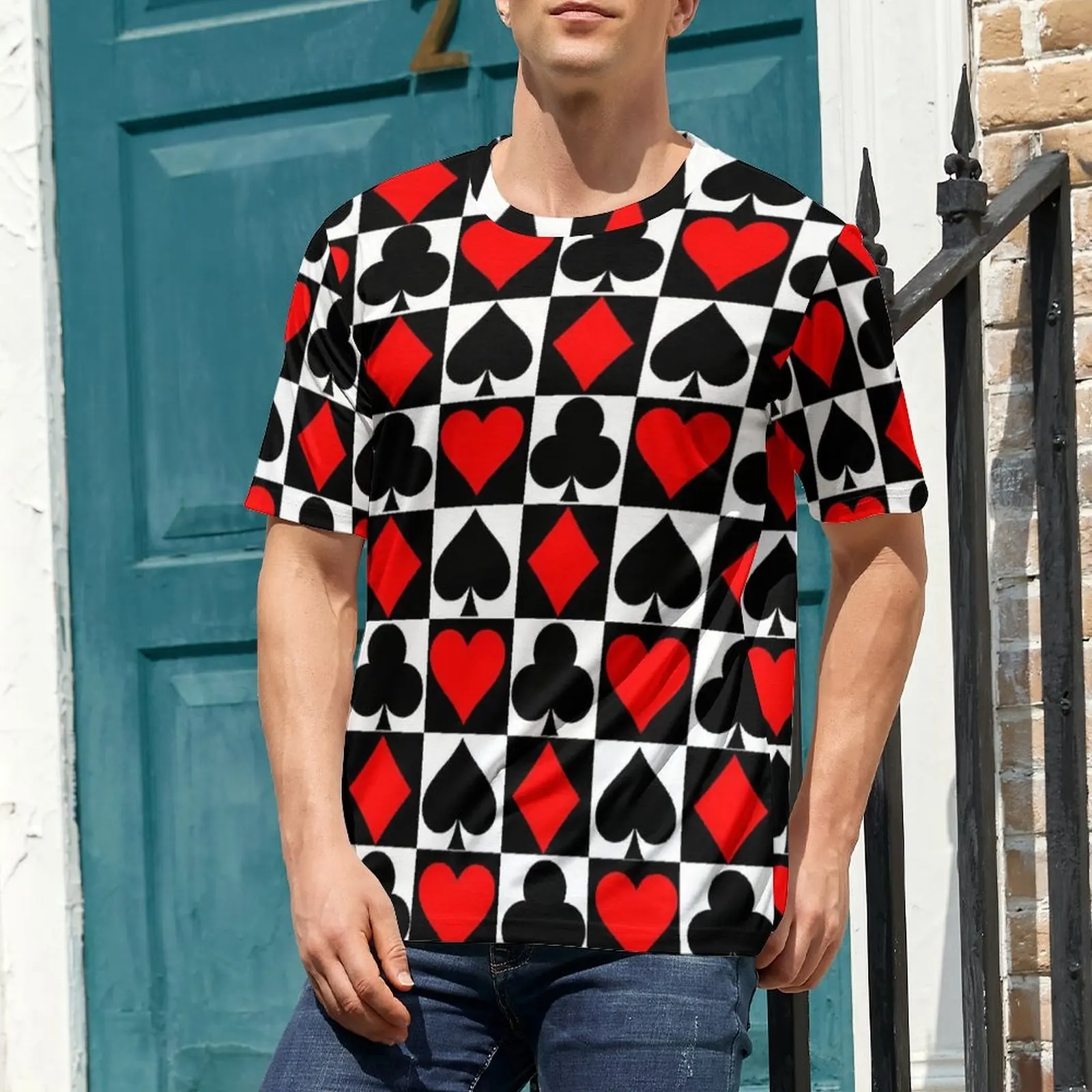 Big Size T Shirt Original Playing Cards T Shirts Red Heart Print Awesome Crew Neck Tee Shirt Men Hip Hop Custom Clothes