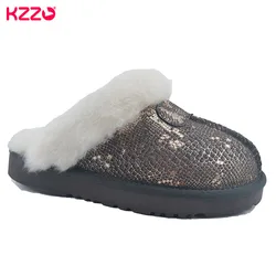 KZZO New Arrive Genuine Leather Slippers Fashion Female Winter Slippers Women Warm Indoor Slippers Soft Wool Lady Home Shoes