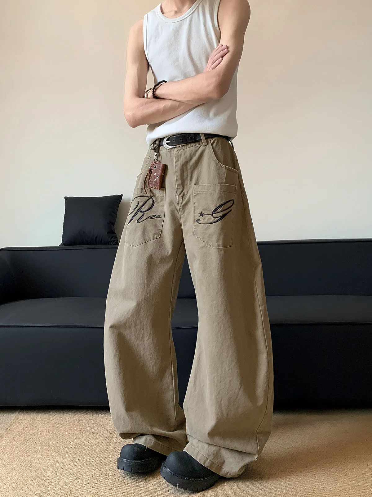 

Retro Embroidered Brown Denim Jeans Men's Slim Straight Leggings Harajuku Street Style Micro Flared Floor-Length Pants